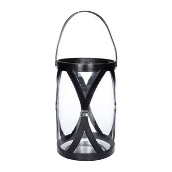 A by Amara - Large Leather & Glass Hurricane - Black (H30.5 x W20 x D20cm)