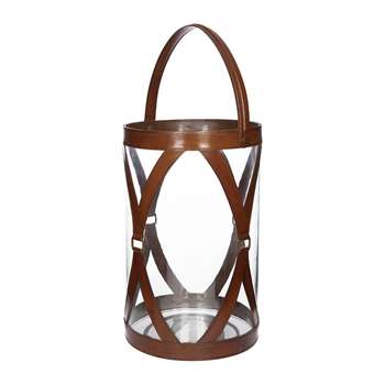 A by Amara - Large Leather & Glass Hurricane - Tan (H30.5 x W20 x D20cm)