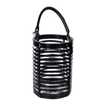 A by Amara - Leather Caged Glass Hurricane - Black (H30.5 x W20 x D20cm)