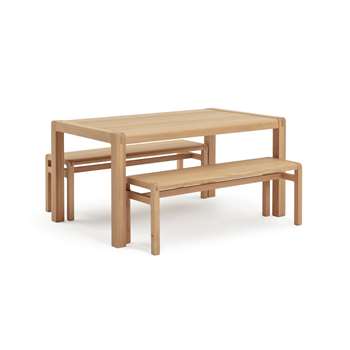 Habitat Radius Solid Wood Dining Table & 2 Oak Benches (H74 x W130 x D37.5cm)