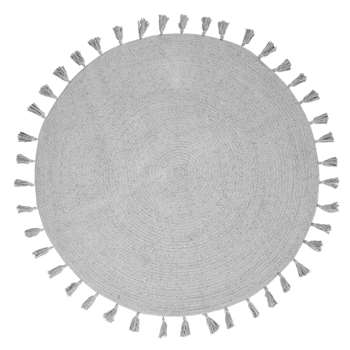 NINA - Round Grey Cotton Rug with Pom Poms (Diameter 100cm)