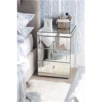 Pair of LUCIA Toughened Mirrored Bedside Tables with 3 Drawers (65 x 44cm)