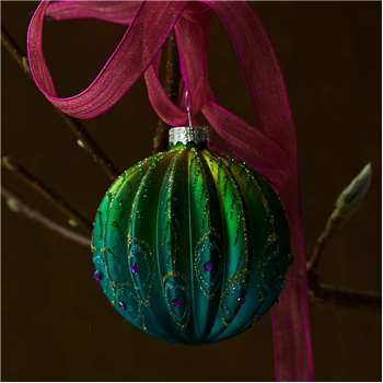 Ribbed Glass Peacock Bauble (W8 x D8cm)