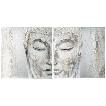Silver Bouddha Hand Painted Diptych Canvas In Silver (97 x 194cm)